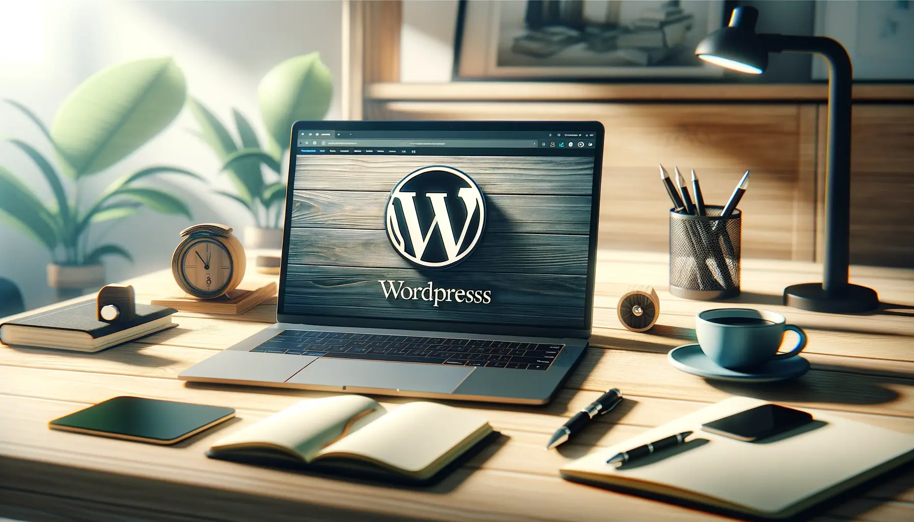 En dator som har WordPress-logotypen som bakgrundsbild